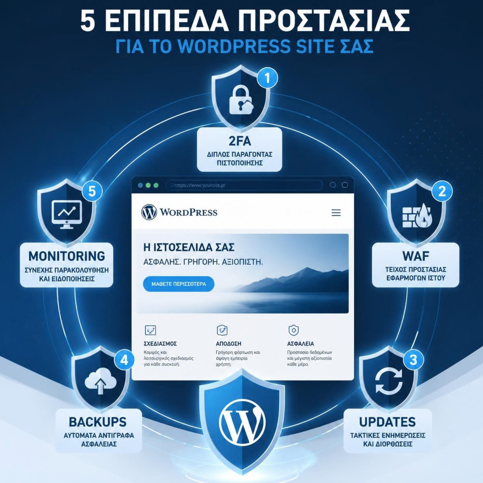 Επίπεδα προστασίας WordPress website με 2FA WAF updates backups και monitoring