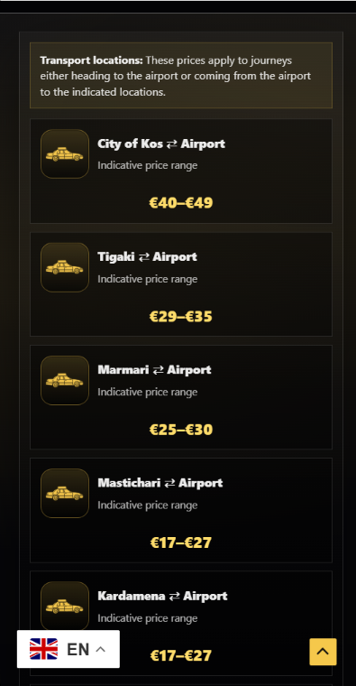 Airport transfer information του Kos Radio Taxi σε κινητό