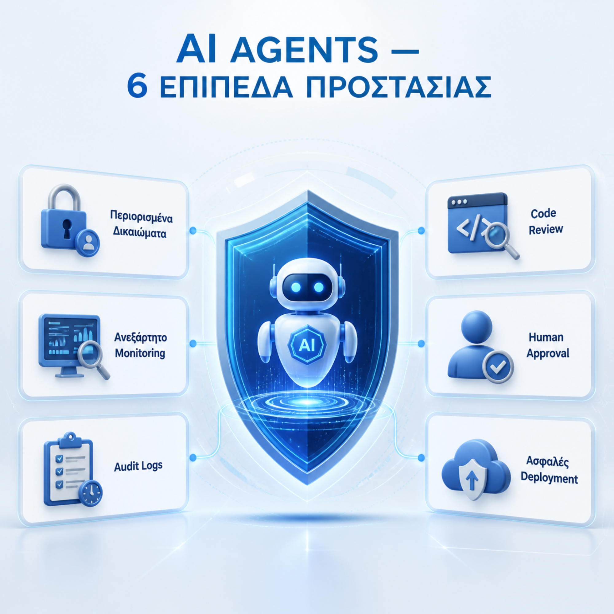 AI Agent Security Checklist: περιορισμένα δικαιώματα, ανεξάρτητο monitoring, audit logs, code review, ανθρώπινη έγκριση και ασφαλές deployment