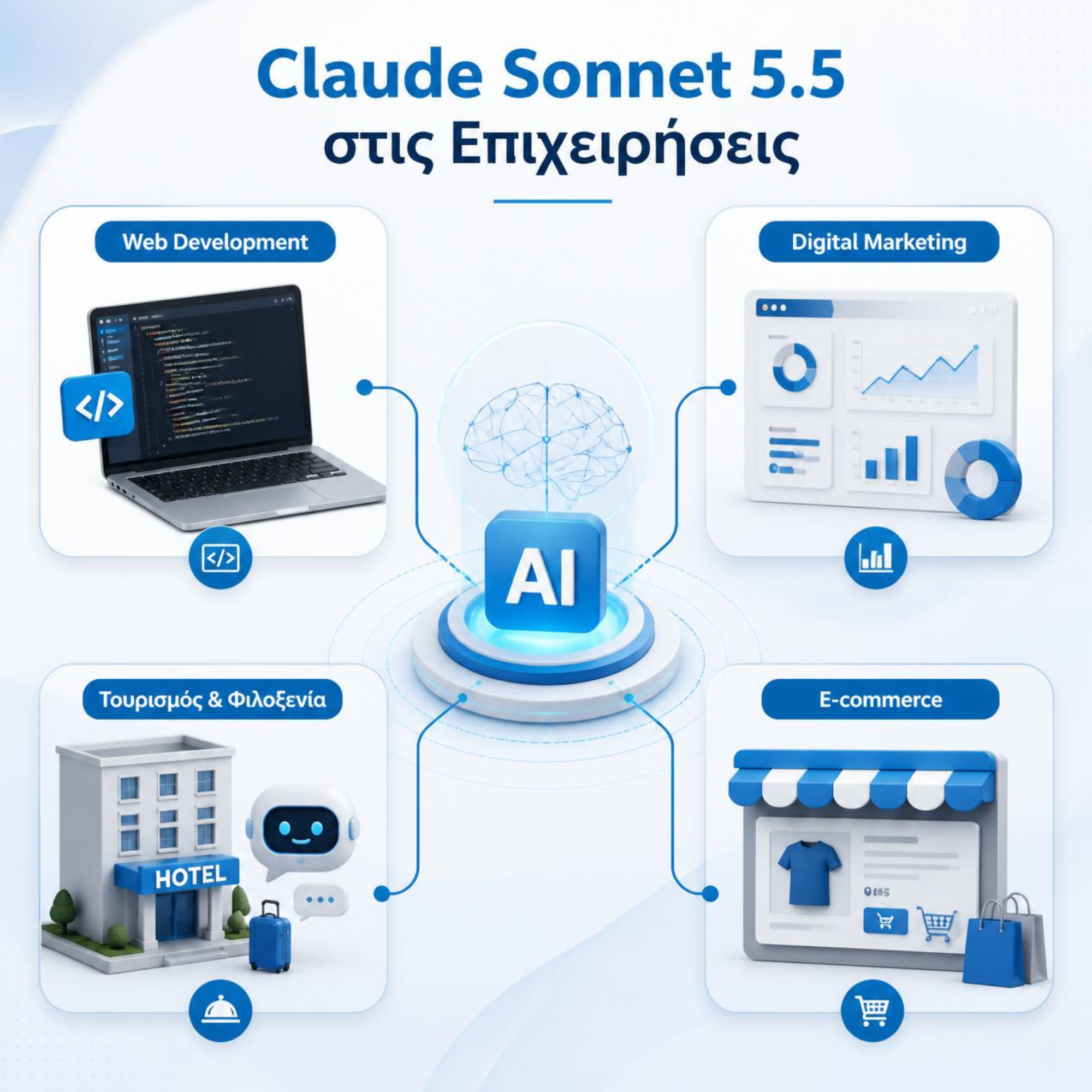 Infographic με εφαρμογές του Claude Sonnet 5.5 σε Web Development, Digital Marketing, Τουρισμό, Φιλοξενία και E-commerce.