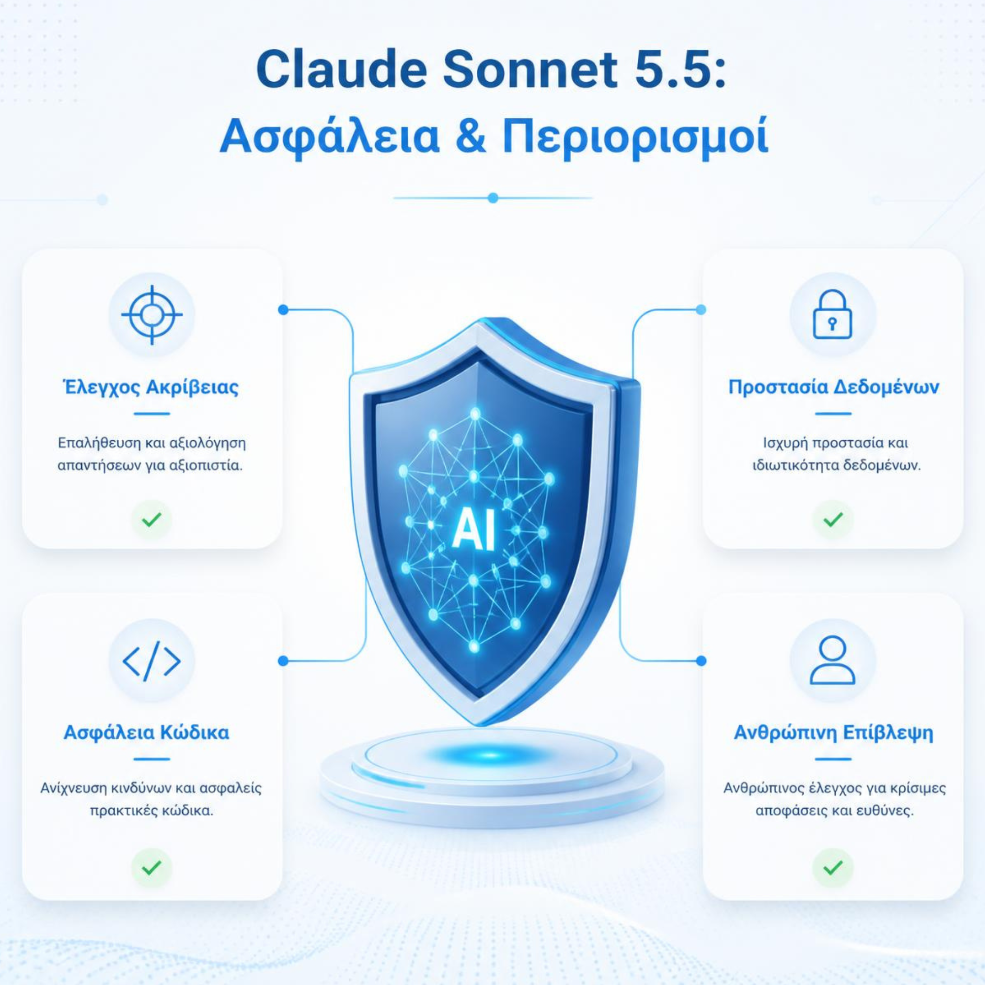 Infographic Claude Sonnet 5.5 για ασφάλεια και περιορισμούς: έλεγχος ακρίβειας, προστασία δεδομένων, ασφάλεια κώδικα και ανθρώπινη επίβλεψη.