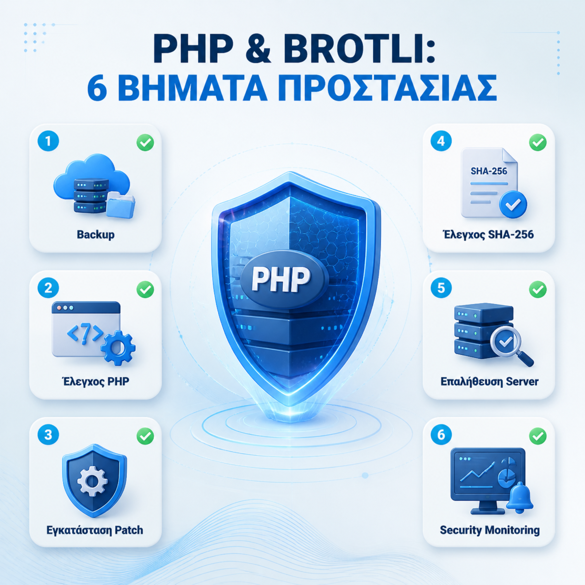 Βήματα προστασίας από την ευπάθεια Brotli στην PHP: Backup, έλεγχος PHP, εγκατάσταση patch, SHA-256, επαλήθευση server και security monitoring