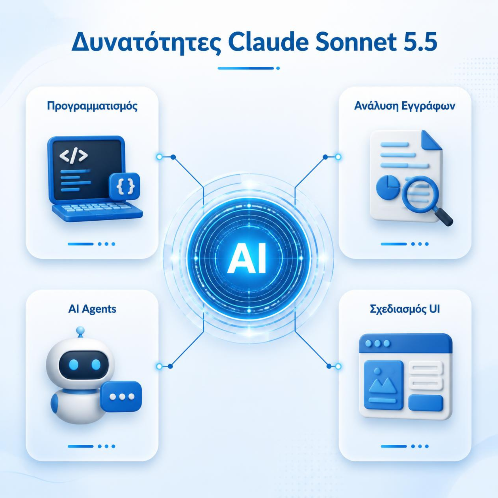Infographic με τις δυνατότητες του Claude Sonnet 5.5: προγραμματισμός, ανάλυση εγγράφων, AI Agents και σχεδιασμός UI.