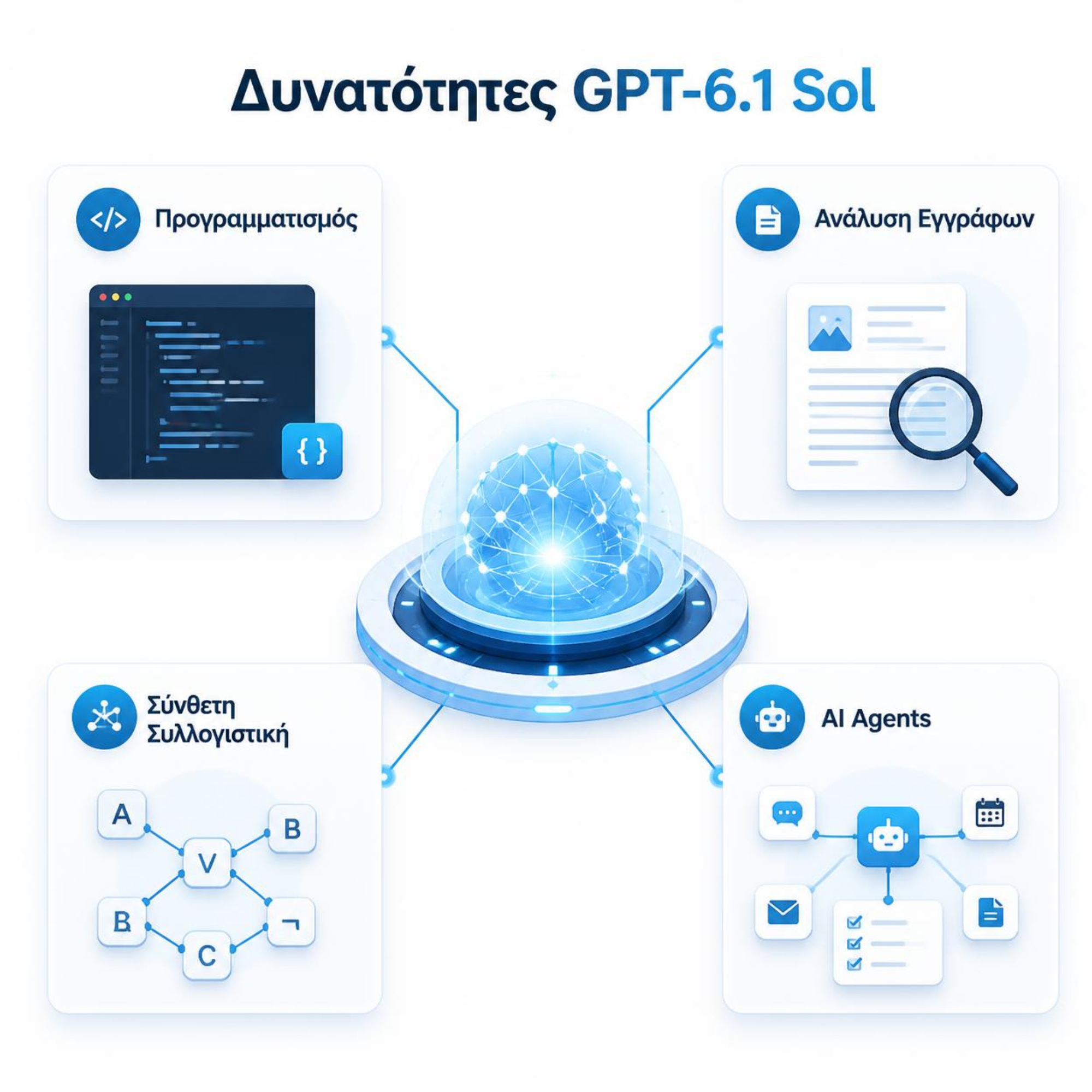 Infographic με τις βασικές δυνατότητες του GPT-6.1 Sol: προγραμματισμός, ανάλυση εγγράφων, σύνθετη συλλογιστική και AI Agents.