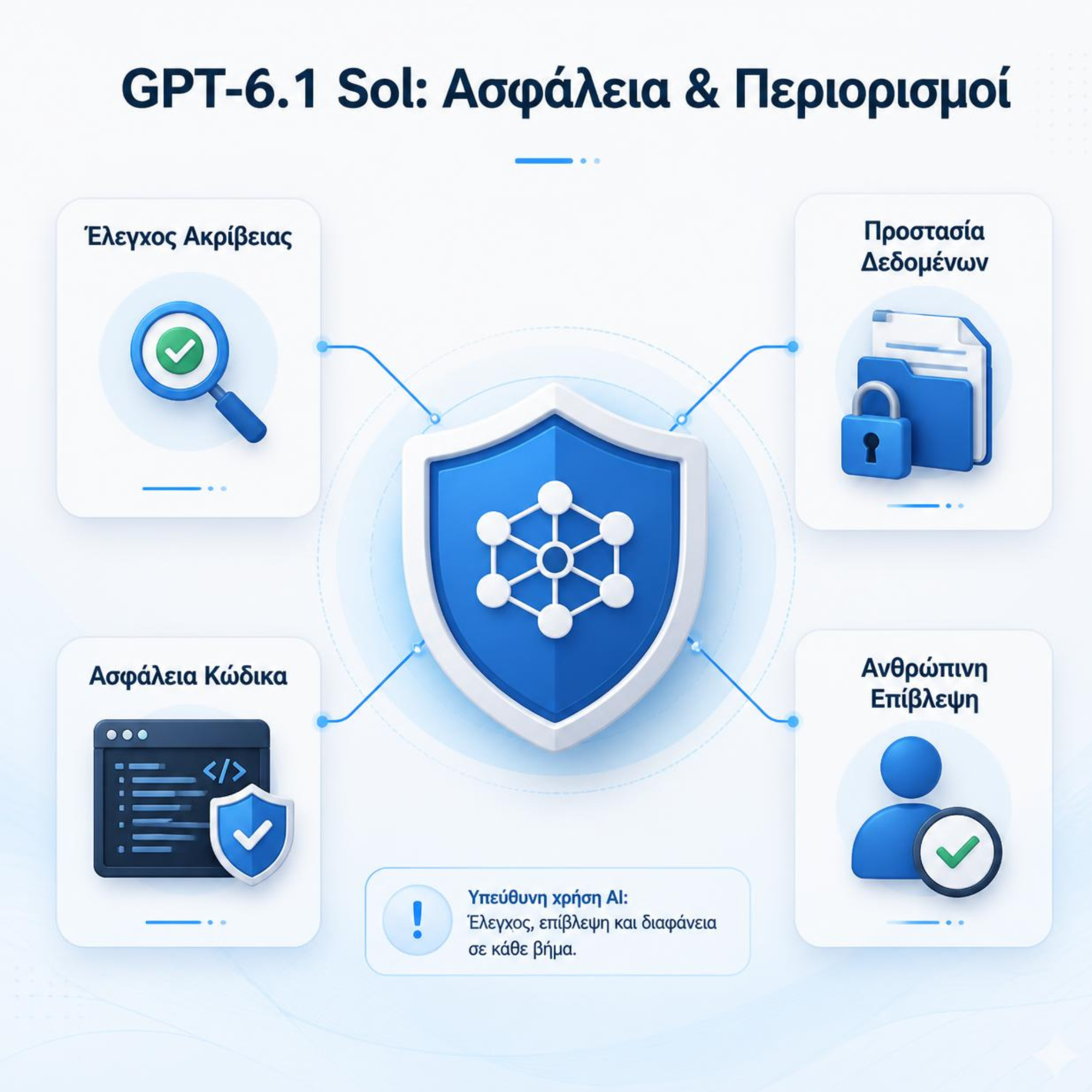 Infographic για τους περιορισμούς και την ασφάλεια GPT-6.1 Sol: έλεγχος ακρίβειας, προστασία δεδομένων, ασφάλεια κώδικα και ανθρώπινη επίβλεψη.