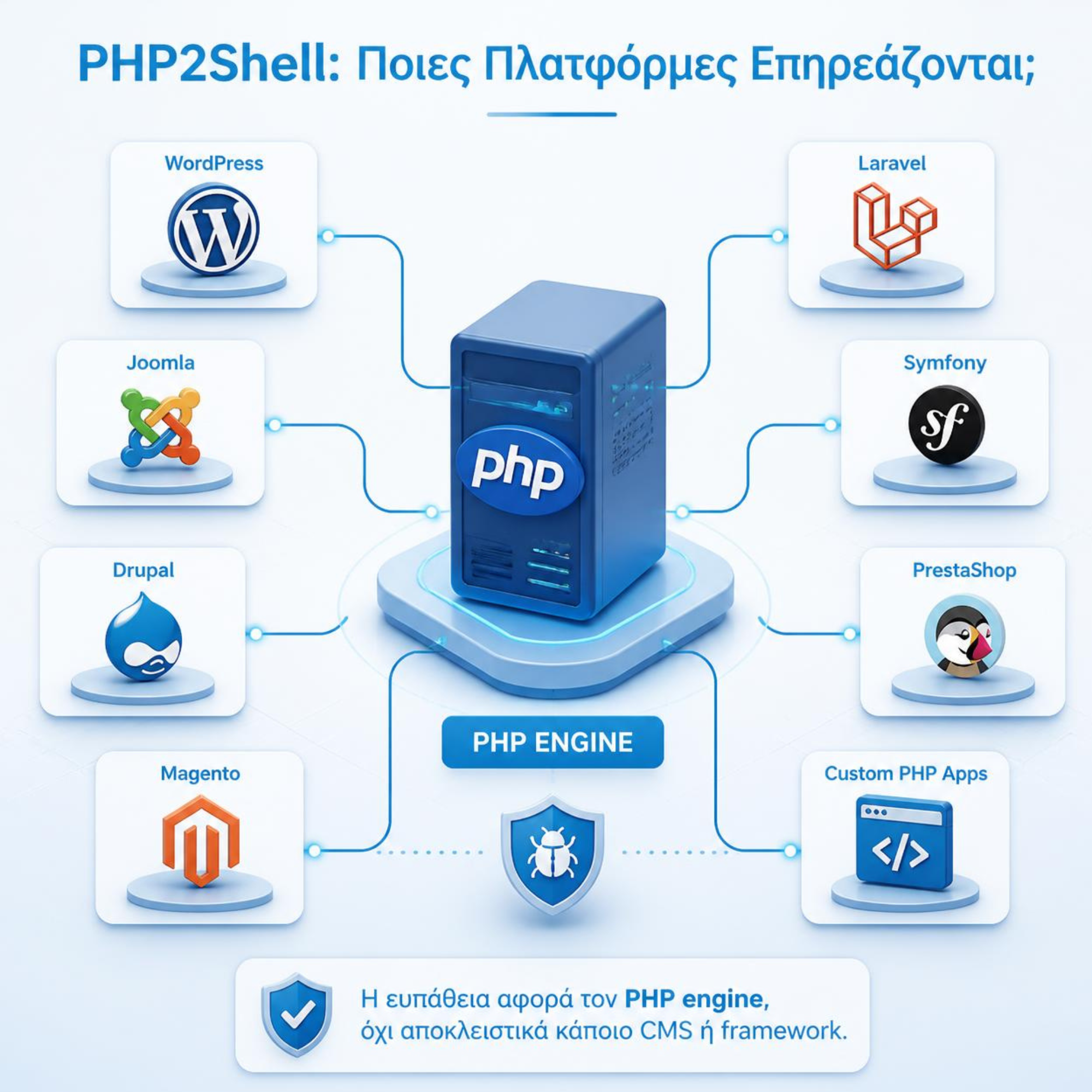 PHP2Shell: πλατφόρμες και εφαρμογές που ενδέχεται να επηρεάζονται από κρίσιμες ευπάθειες PHP, όπως WordPress, Joomla, Drupal, Magento, Laravel και Symfony.