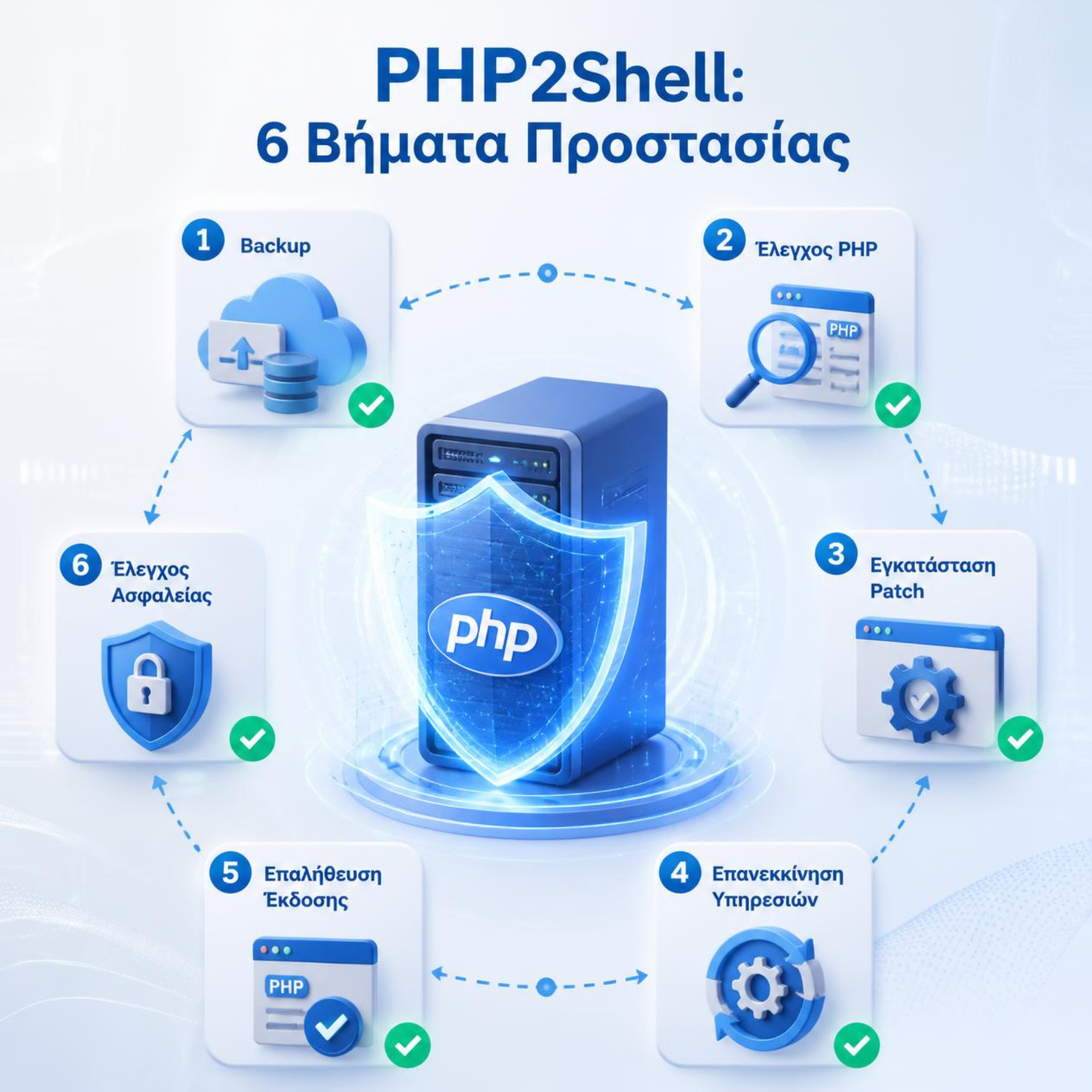 PHP2Shell: έξι βήματα προστασίας ιστοσελίδων και PHP εφαρμογών με backup, έλεγχο έκδοσης PHP, εγκατάσταση security patch, επανεκκίνηση υπηρεσιών και έλεγχο ασφαλείας.