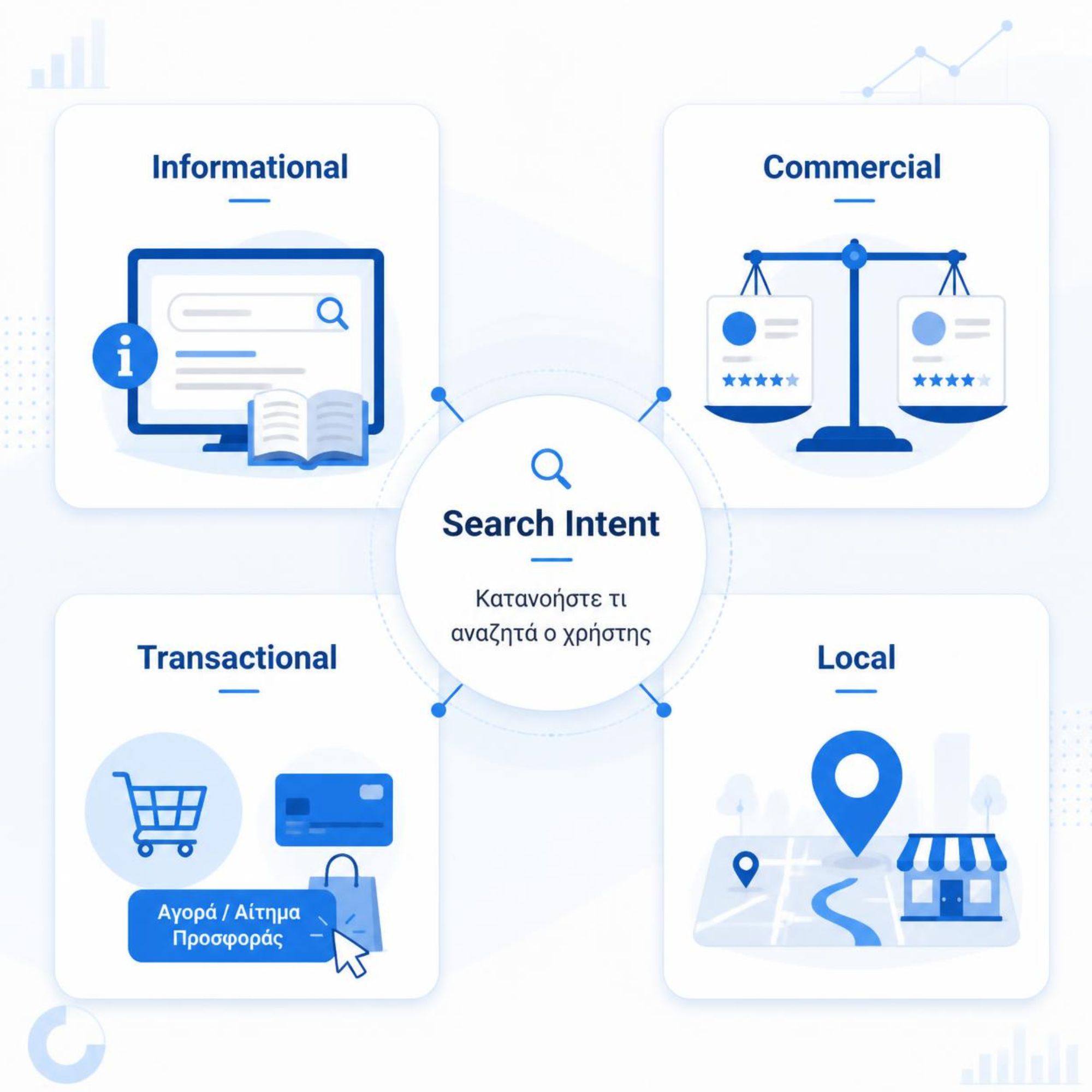 Τα τέσσερα είδη Search Intent: Informational, Commercial, Transactional και Local