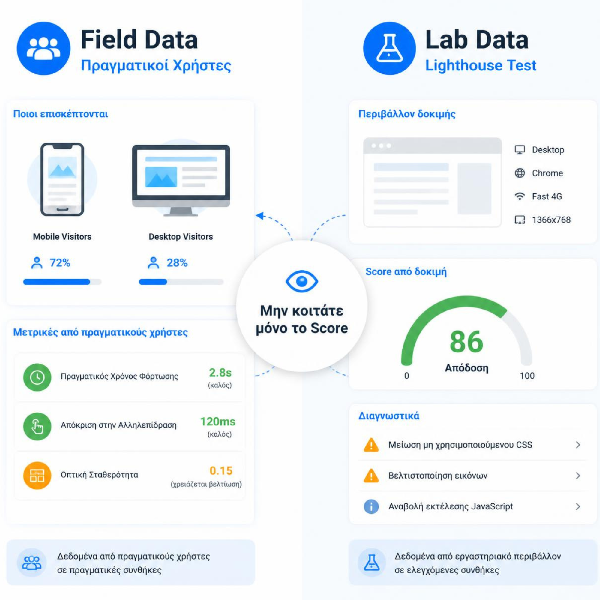 PageSpeed Field Data και Lab Data για πραγματικούς χρήστες και Lighthouse testing