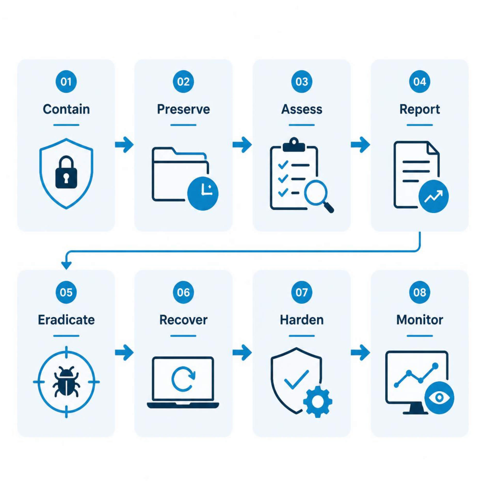 Ransomware incident response διαδικασία contain preserve assess report eradicate recover harden monitor
