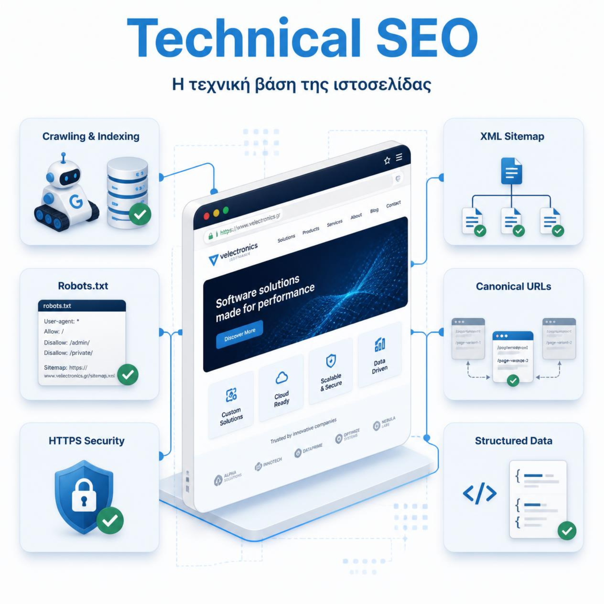 Technical SEO με crawling, indexing, XML sitemap, robots.txt, canonical URLs, HTTPS και structured data