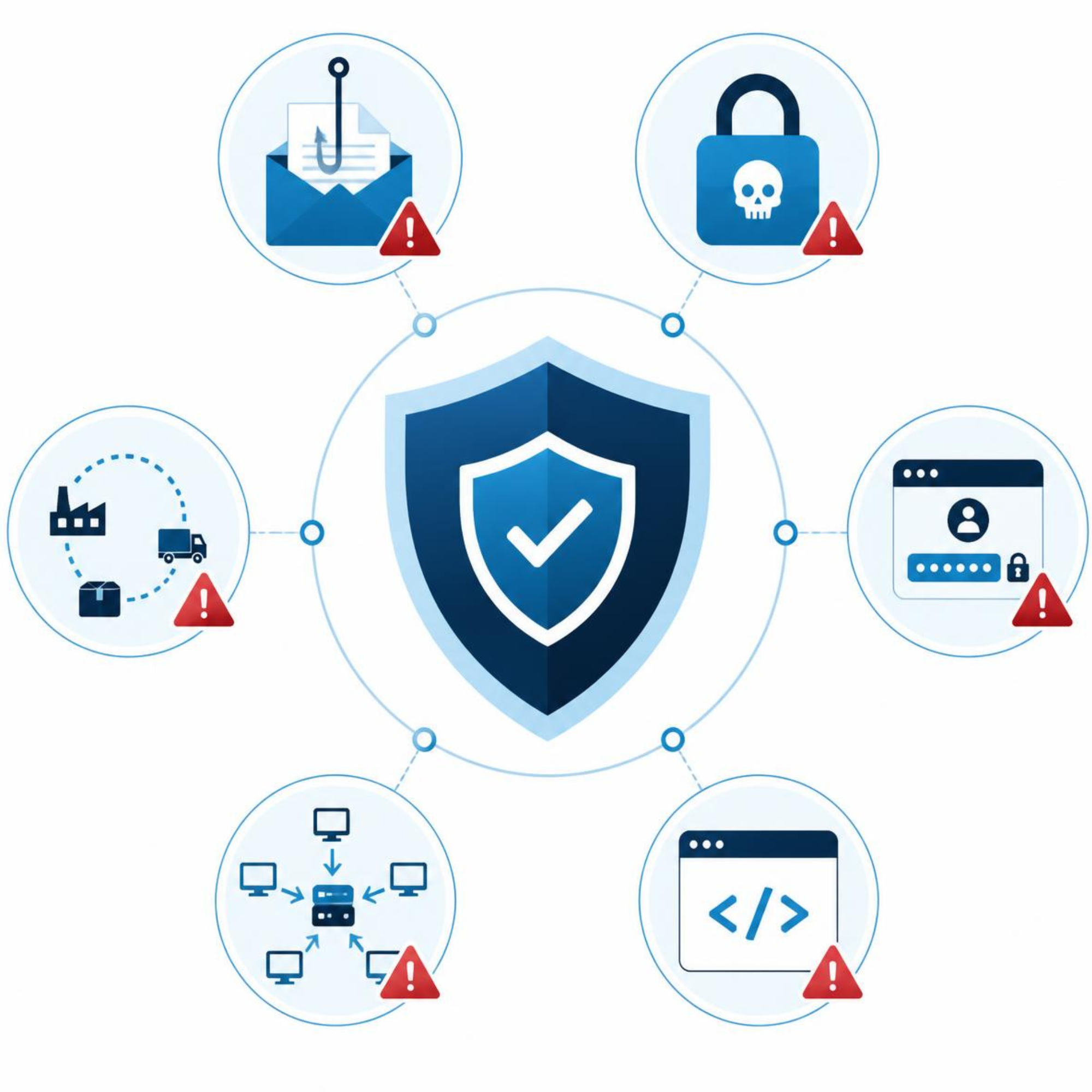 Βασικοί τύποι κυβερνοεπιθέσεων όπως phishing, ransomware, DDoS και web attacks