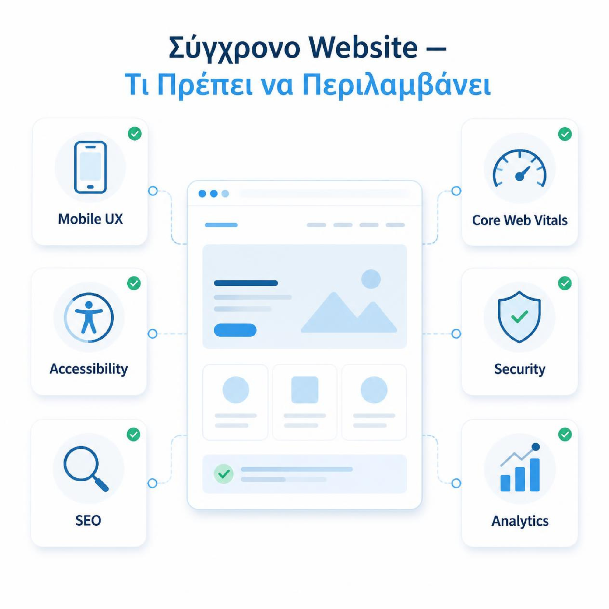 Σύγχρονη ιστοσελίδα με Mobile UX accessibility SEO Core Web Vitals security και analytics